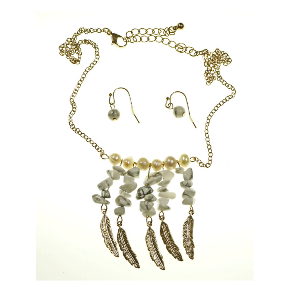 Gold Tone Feathers with White Turquoise Set